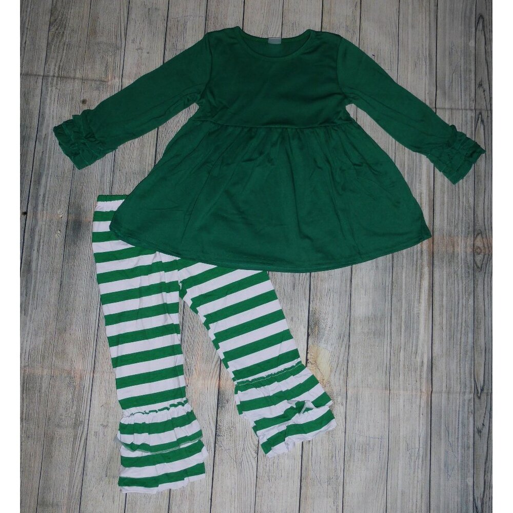 Boutique Green Tunic Dress & Ruffle Leggings Girls Outfit Set Christmas